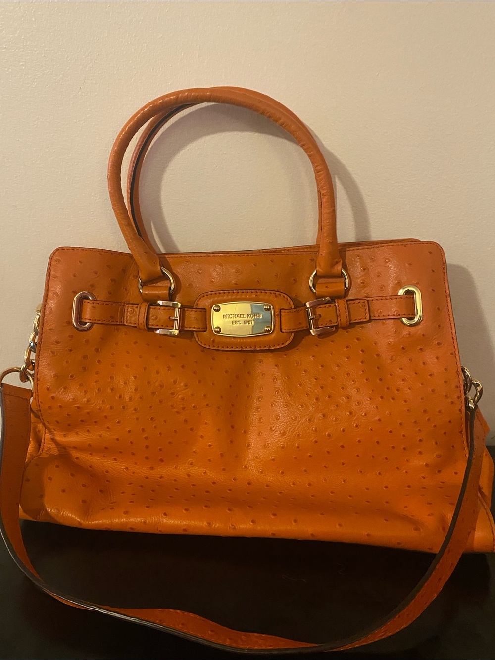 Michael Kors Orange Ostrich-Embossed Leather Shoulder Bag with Gold Hardware